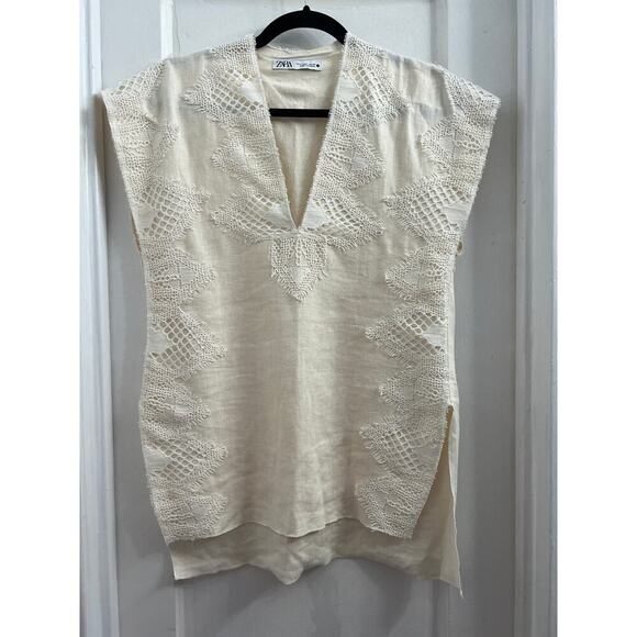 Zara Sleeveless Lace Detail V Neck Ivory Cream Cotton Top size Small - Picture 2 of 6